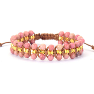 Unique Rhodonite Bracelet Gold Plated Beads Wrap Bohemia Weaving